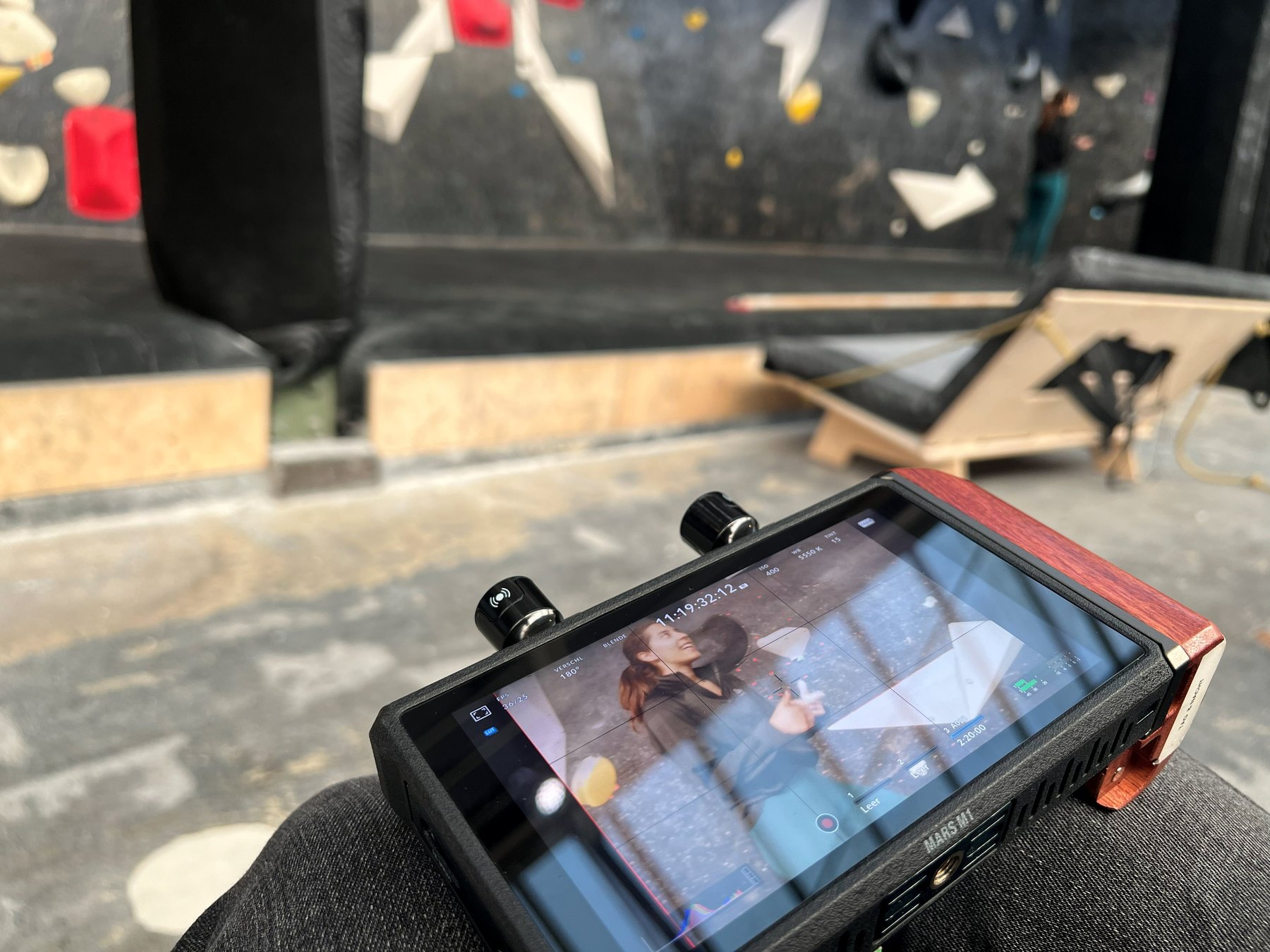 Monitor view from the bouldering gym during the shoot