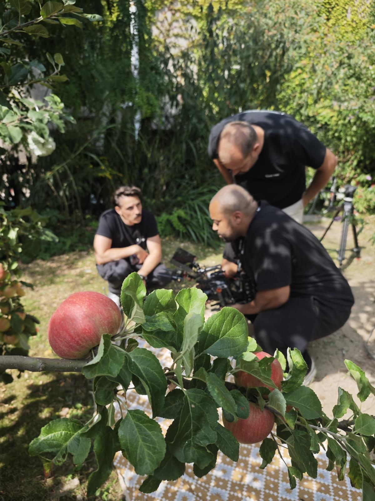Crew preparing the Mimose shoot in the garden